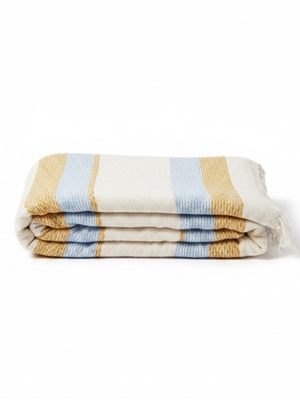 100% Cotton Woven Throw Blanket Cream Blue Mustard Striped Fringe Boho Coastal